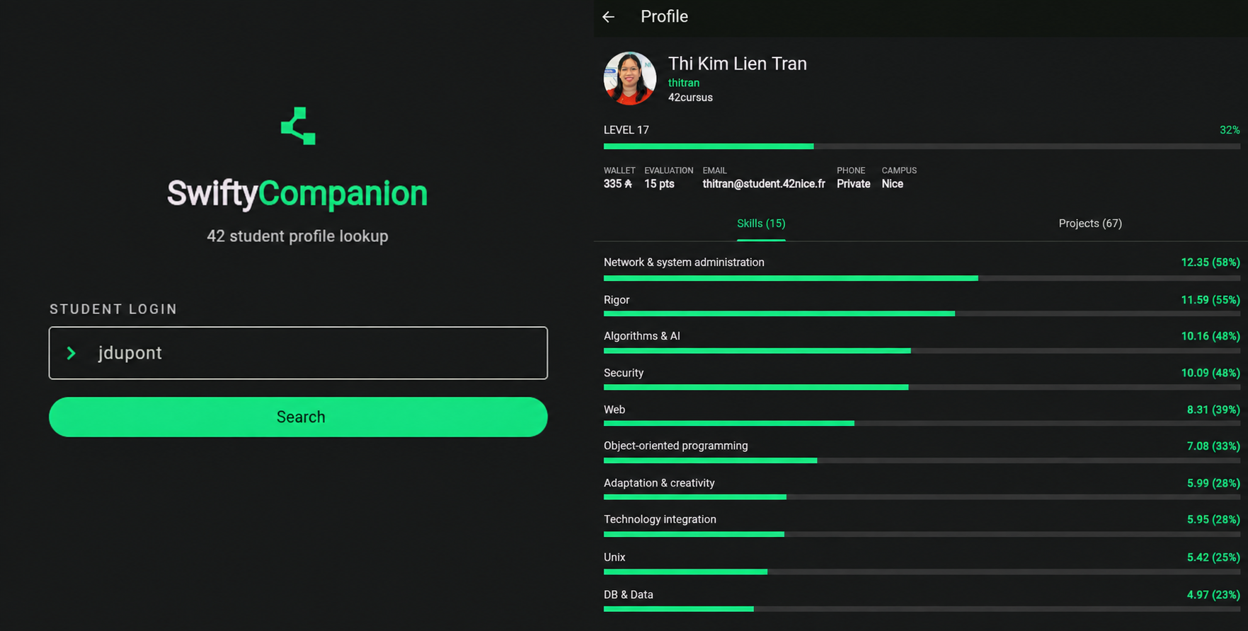 Swifty Companion mobile application designed and developed by Lavender