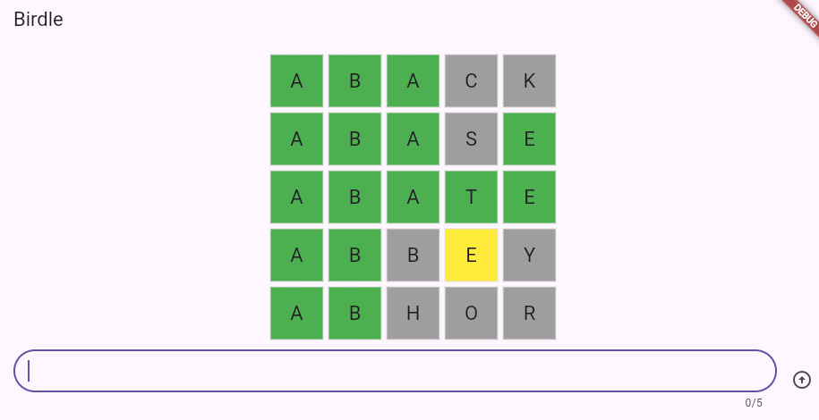 Birdle word game developed with Flutter and Dart