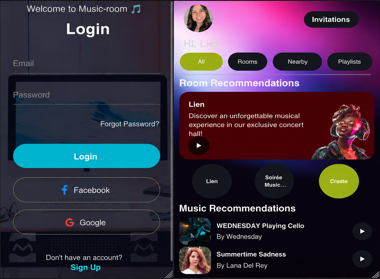Music Room application login and recommendation screens